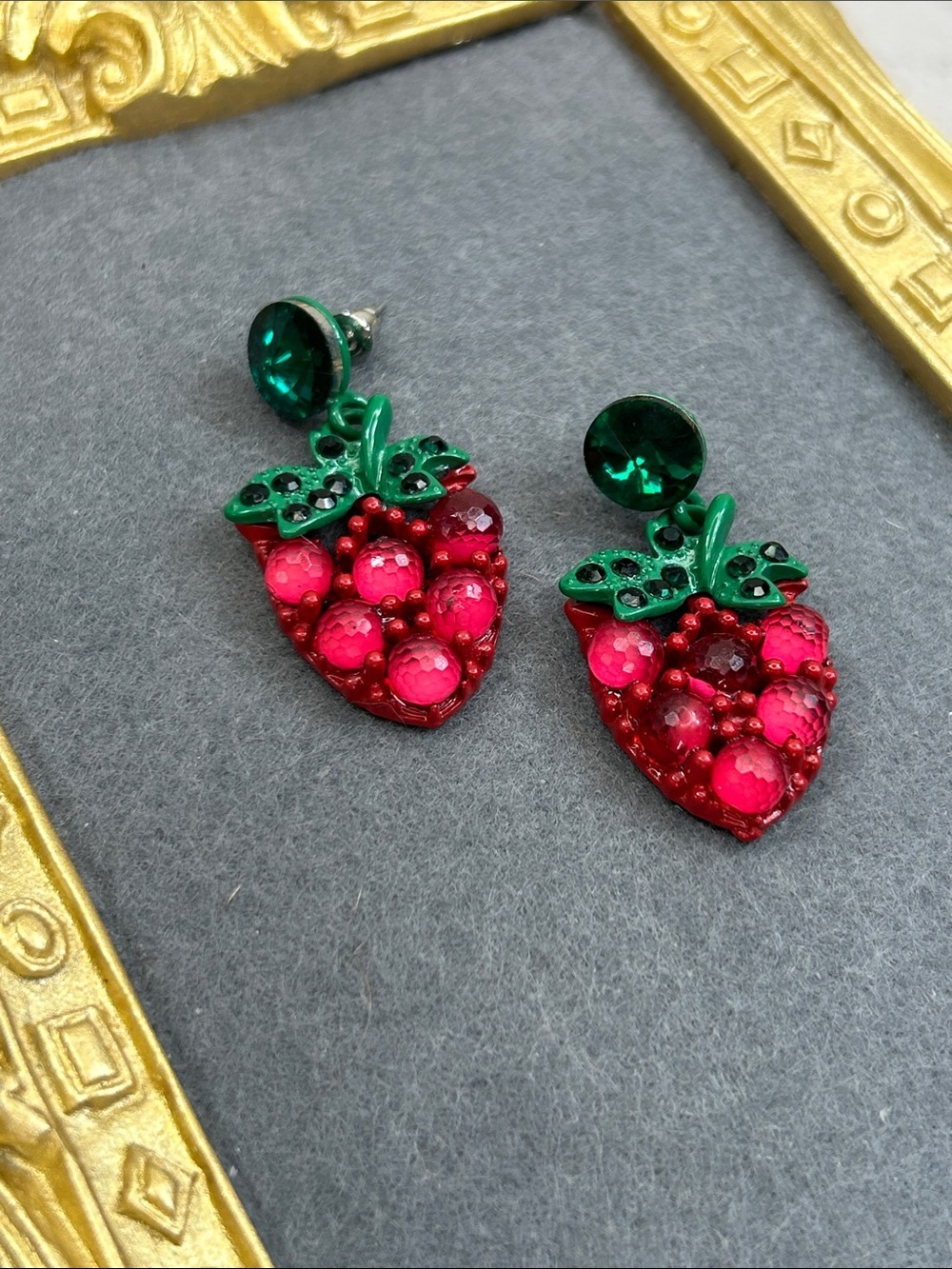 Sparkling Strawberry Drop Earrings in Red & Green